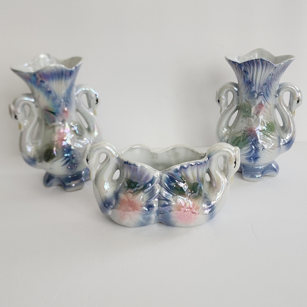 Lusterware Swan Ceramic Vase Set